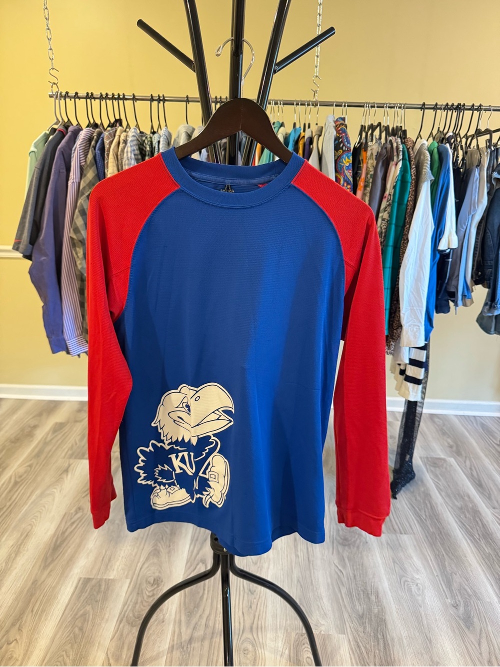 Columbia Blue & Red Long-Sleeve Raglan Shirt with Jayhawk Graphic
